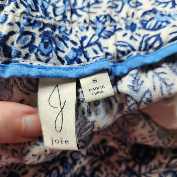 Joie Wide Leg Cropped Linen Blend Pant Boho Blue Pockets Print Tie Front Size 8 - Picture 6 of 7